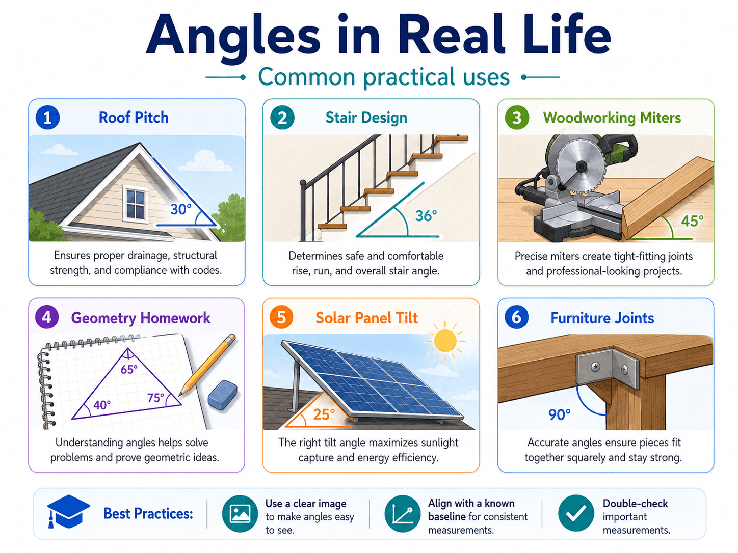 Examples of angle measurement in roof pitch, stair design, woodworking, geometry homework, solar panel tilt, and furniture joints